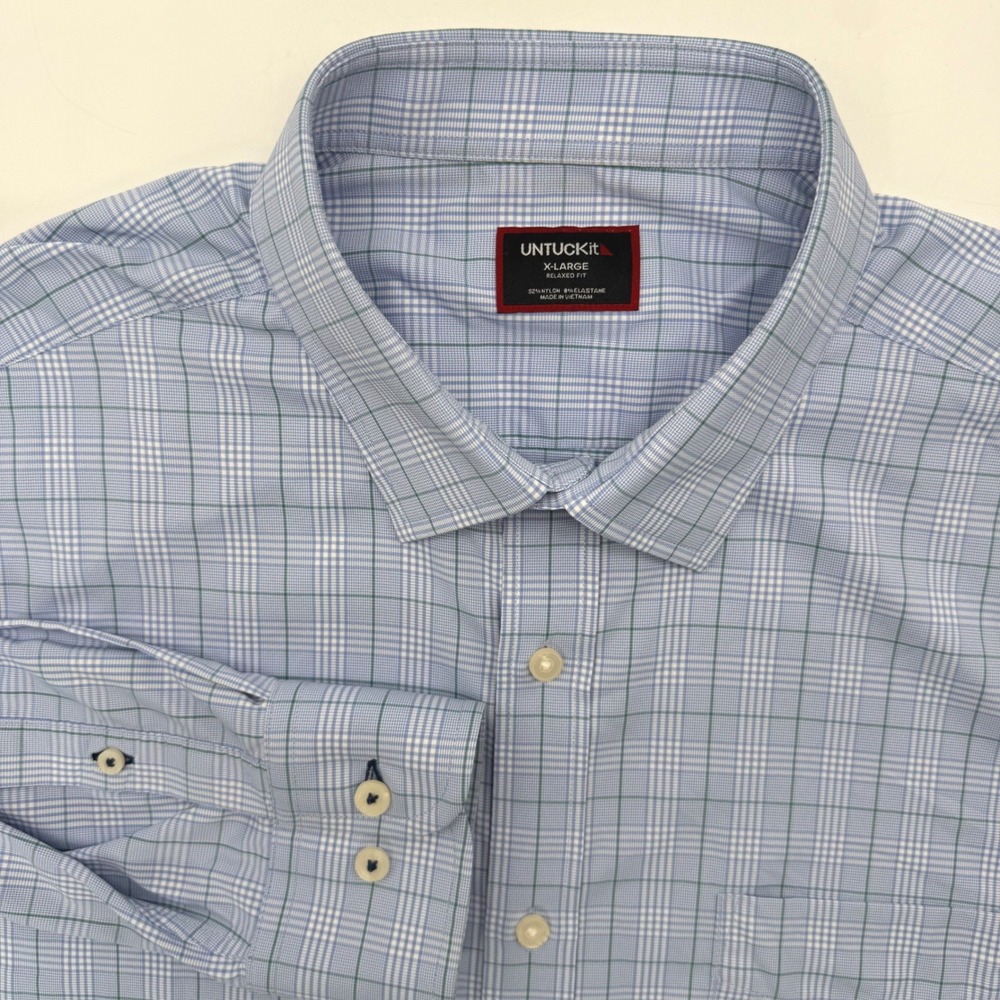 UNTUCKit Button Down Mens XL Blue Plaid Relaxed Fit Performance Stretch Shirt
